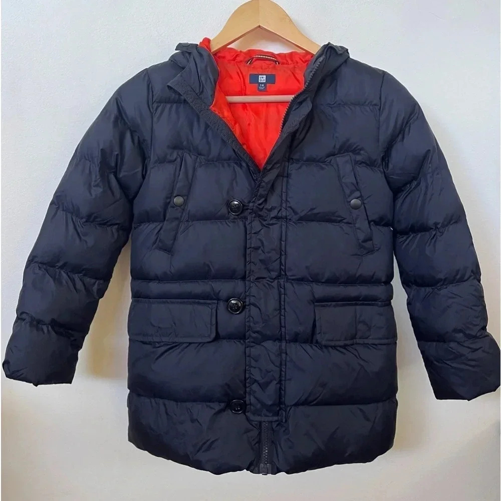 Uniqlo Kids Sz 7/8 Navy Toggle Parka Puffer Coat Winter Session Ski Jacket EUC